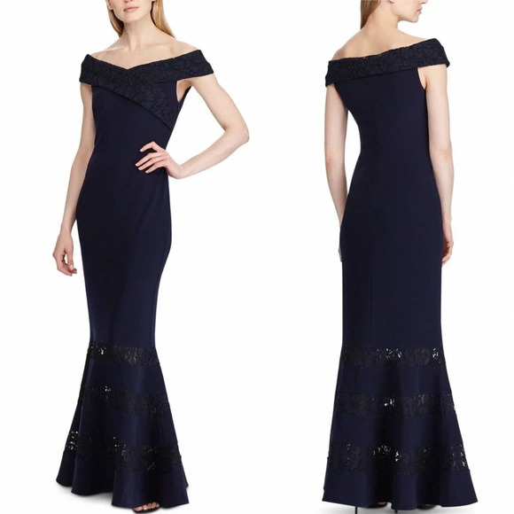 Ralph Lauren Off Shoulder Lace Formal Sheath‎ Gown Navy Blue Size 14 - Picture 1 of 11